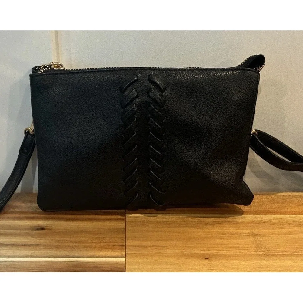 Baseball Stitch Faux Leather Crossbody Bag Whipstitch LaceUp Boho Goth Zip Purse